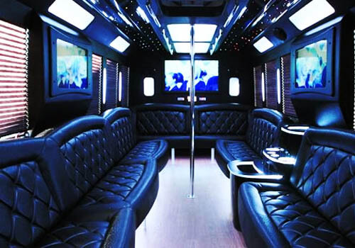 Party bus interior with wrap-around leather seats